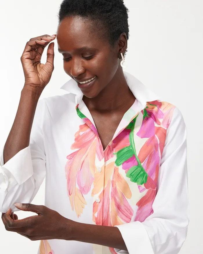 Chico039s No Iron Stretch 34 Sleeve Foliage Shirt Bahamian Pink Women Tops