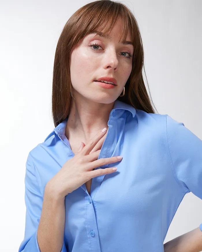 Chico039s No Iron Stretch Shirt Blue Veil Women Matching Sets