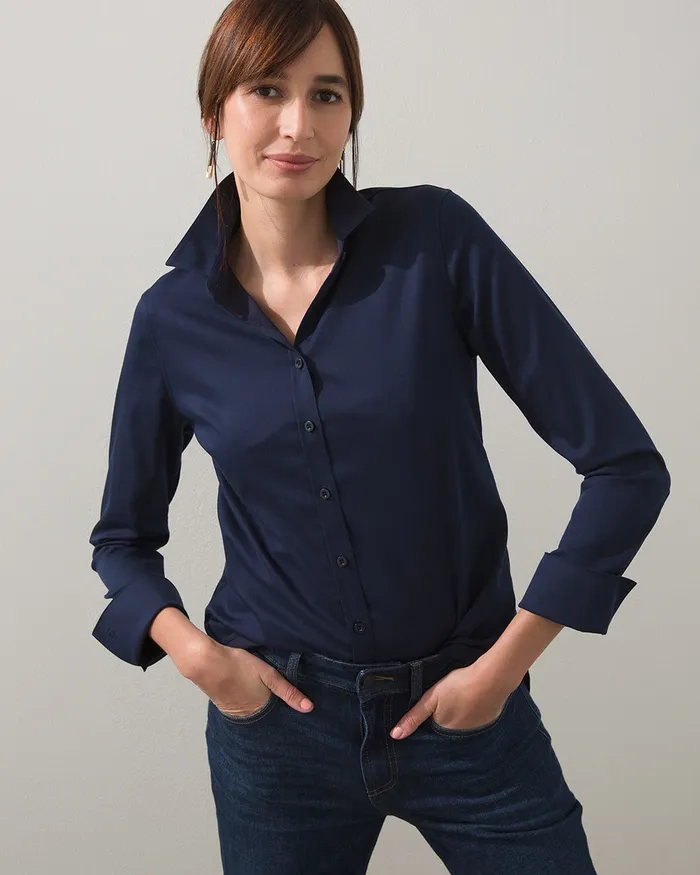 Chico039s No Iron Stretch Shirt Classic Navy Women Tops