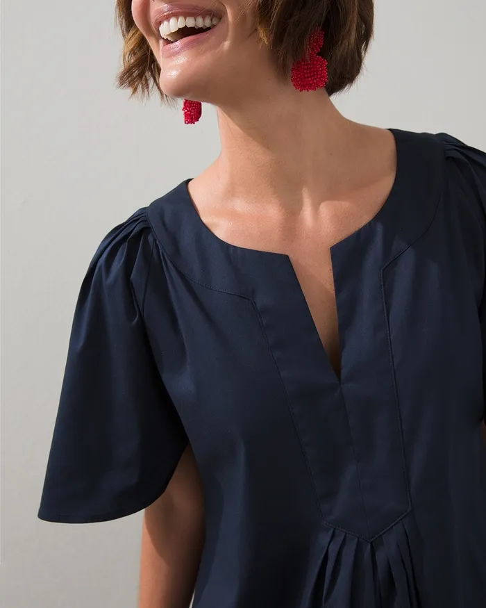 Chico039s Poplin Flutter Sleeve Aline Dress Classic Navy Women Dresses and Skirts