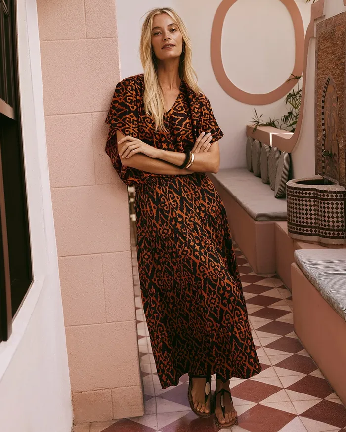 Chico039s Satin Ikat Tiered Maxi Skirt Burnished Clay Women Dresses and Skirts