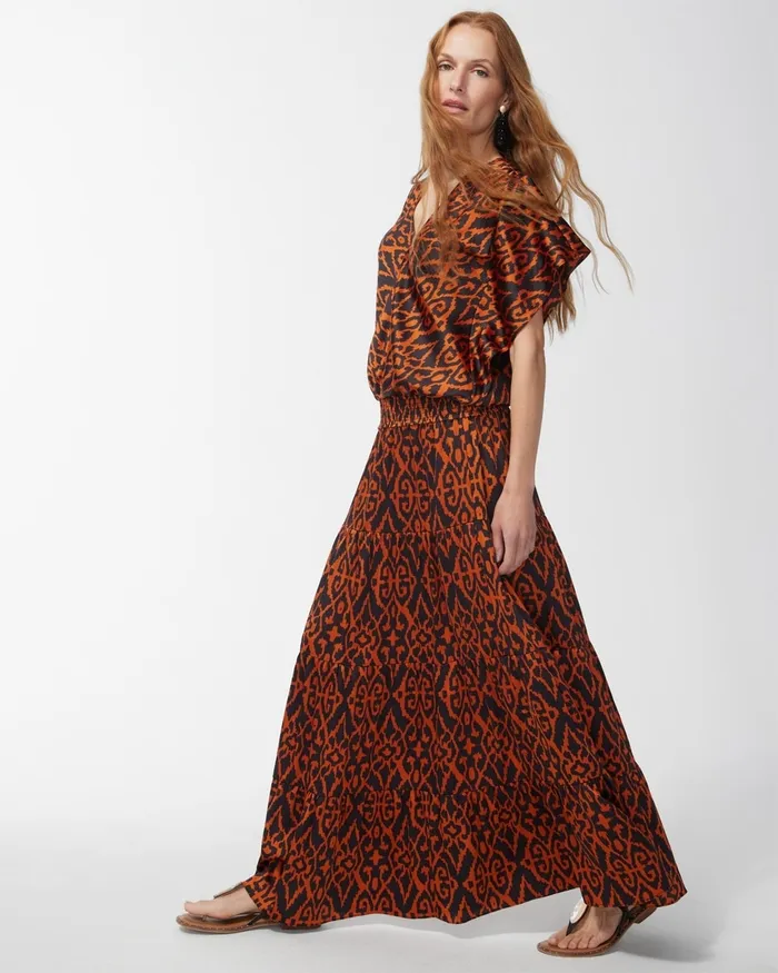 Chico039s Satin Ikat Tiered Maxi Skirt Burnished Clay Women Dresses and Skirts