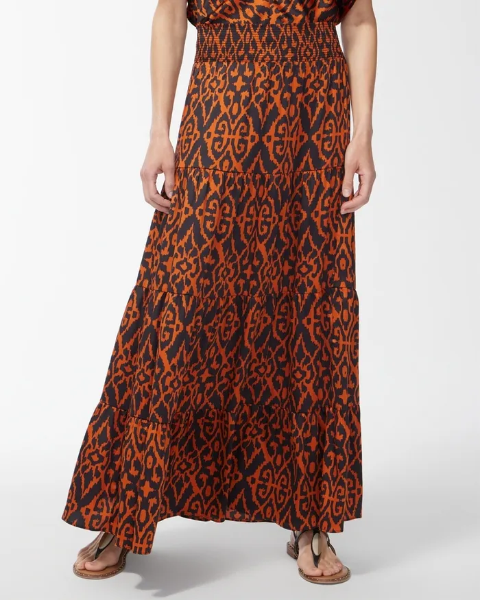 Chico039s Satin Ikat Tiered Maxi Skirt Burnished Clay Women Dresses and Skirts