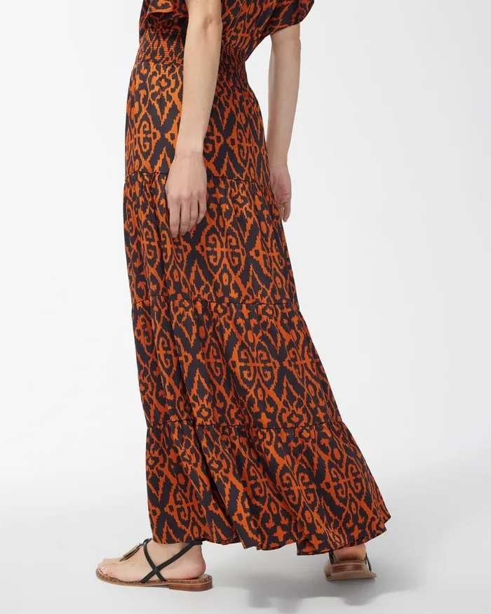 Chico039s Satin Ikat Tiered Maxi Skirt Burnished Clay Women Dresses and Skirts