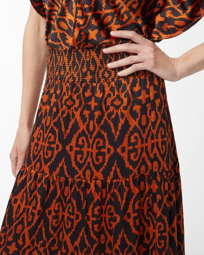 Chico039s Satin Ikat Tiered Maxi Skirt Burnished Clay Women Dresses and Skirts