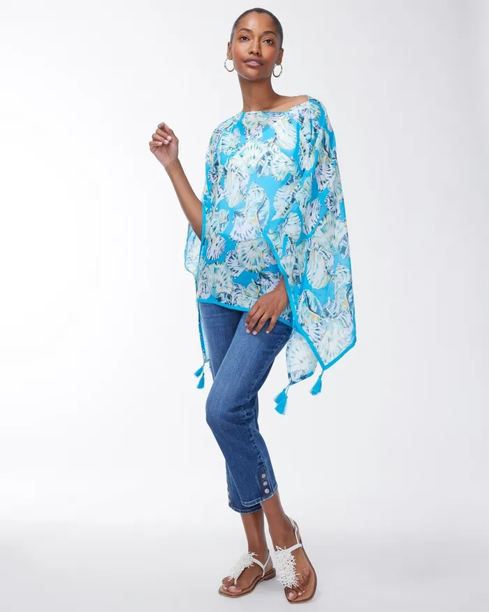 Chico039s Seashell Print Tassel Poncho Poolside Blue Women Ponchos and Ruanas