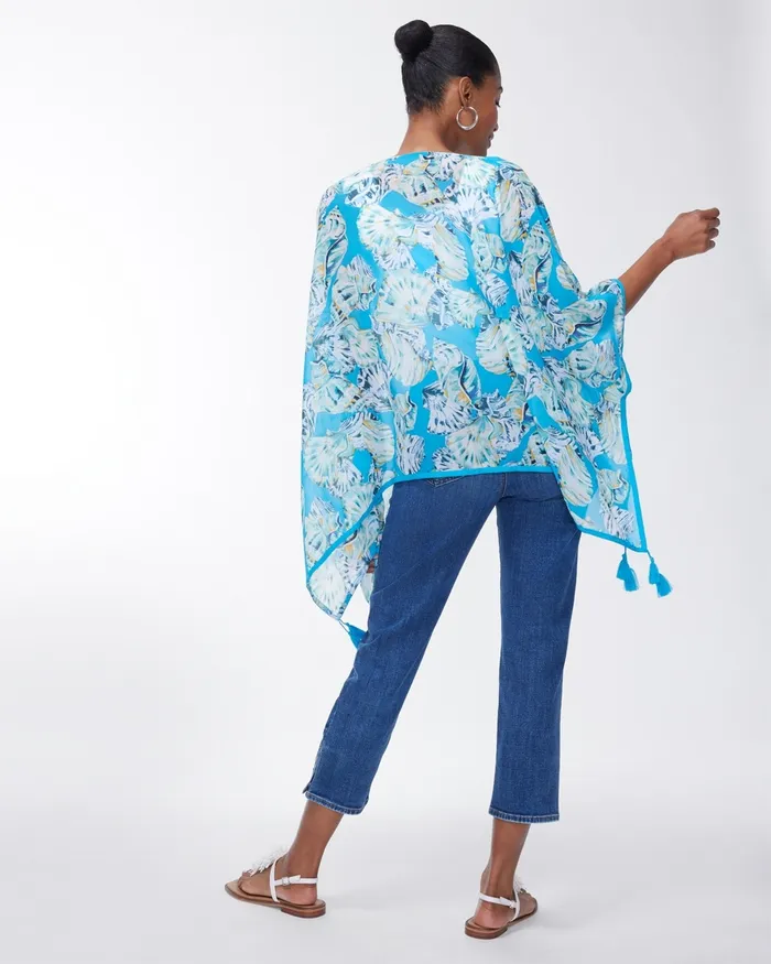 Chico039s Seashell Print Tassel Poncho Poolside Blue Women Ponchos and Ruanas
