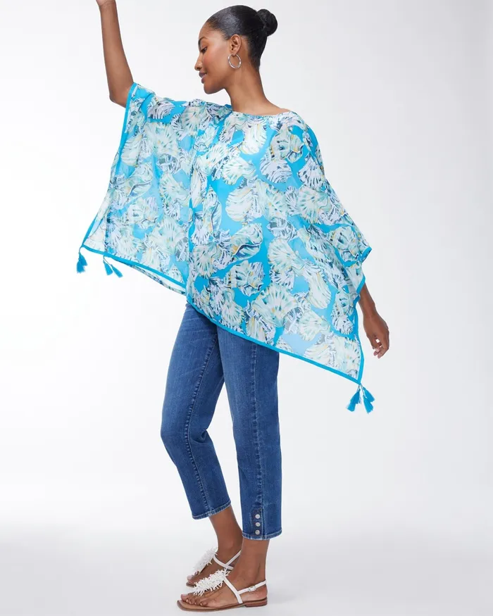 Chico039s Seashell Print Tassel Poncho Poolside Blue Women Ponchos and Ruanas