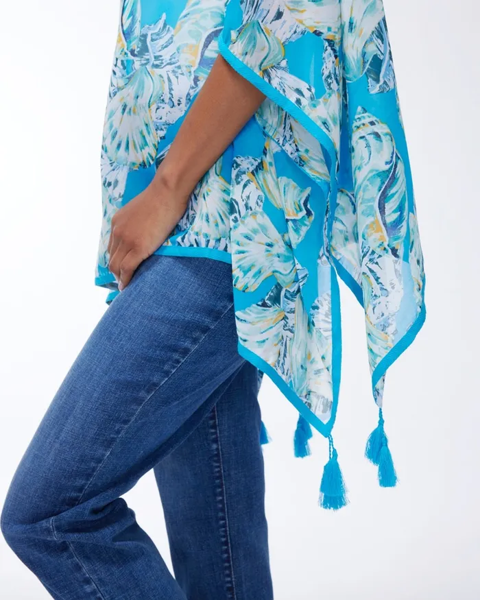 Chico039s Seashell Print Tassel Poncho Poolside Blue Women Ponchos and Ruanas