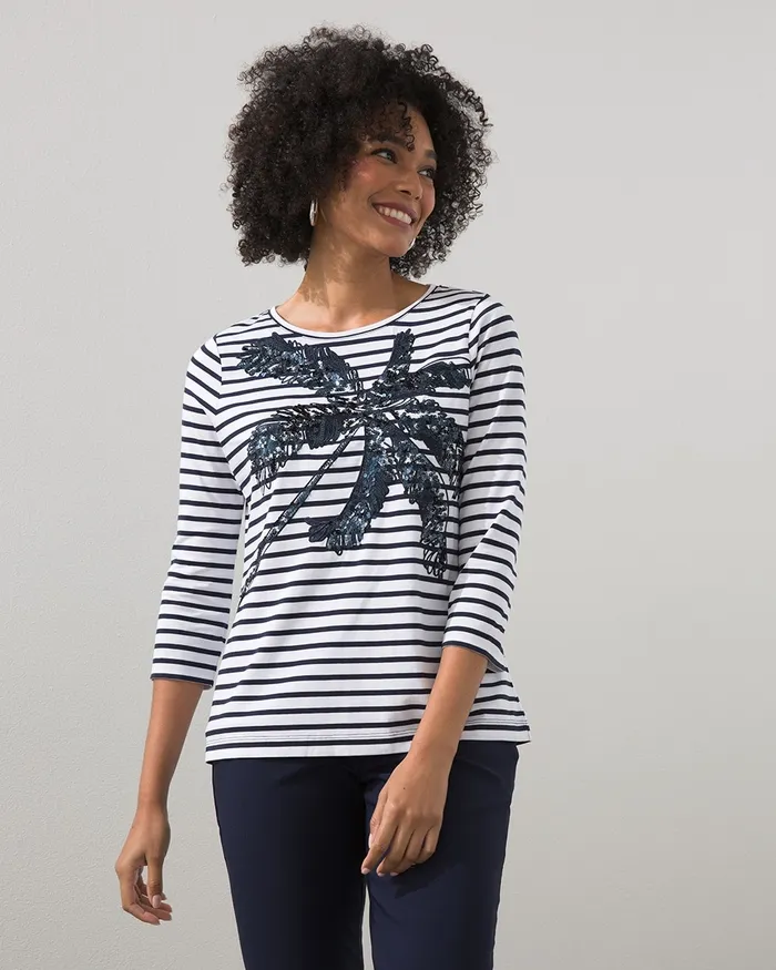 Chico039s Sequin Palm Stripe Knit Tee Alabaster Women Tees