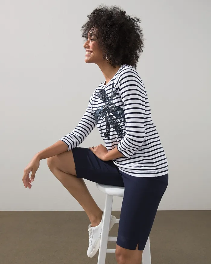 Chico039s Sequin Palm Stripe Knit Tee Alabaster Women Tees