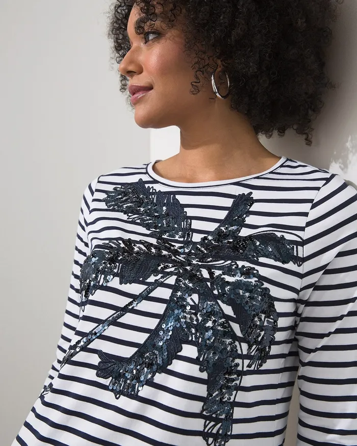 Chico039s Sequin Palm Stripe Knit Tee Alabaster Women Tees