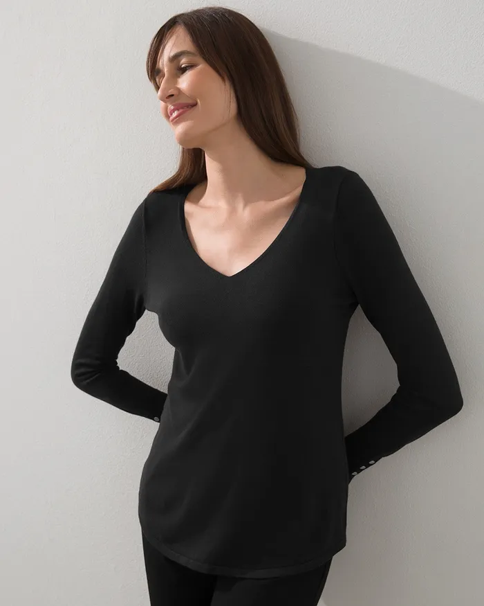 Chico039s Sleeve Detail Vneck Pullover Sweater Black Women Sweaters