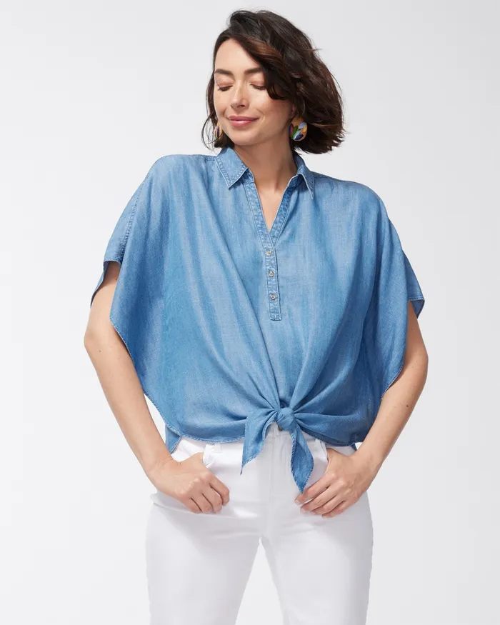 Chico039s Tencel TieFront Blouse Blush Stone Indigo Women Tops