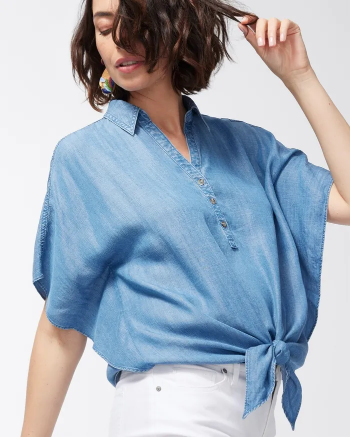 Chico039s Tencel TieFront Blouse Blush Stone Indigo Women Tops