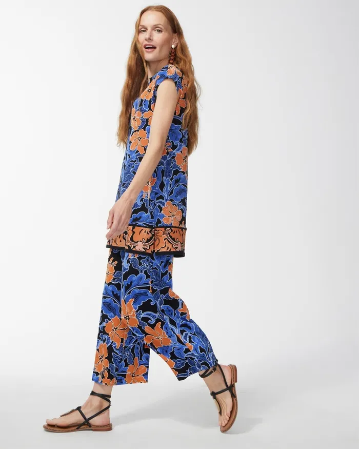 Chico039s Travelers Floral Print Tunic Blue Grotto Women Matching Sets