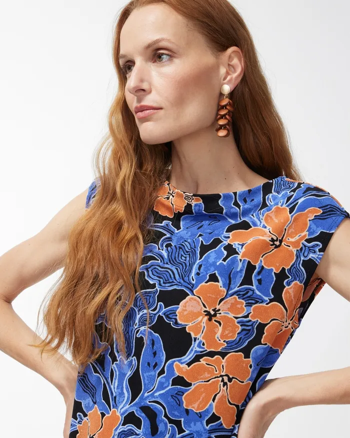 Chico039s Travelers Floral Print Tunic Blue Grotto Women Matching Sets