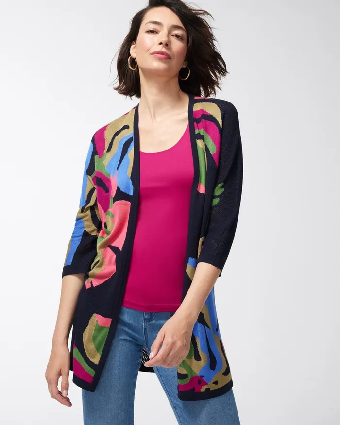 Chico039s Tropical Print Mesh Cardigan Classic Navy Women Sweaters