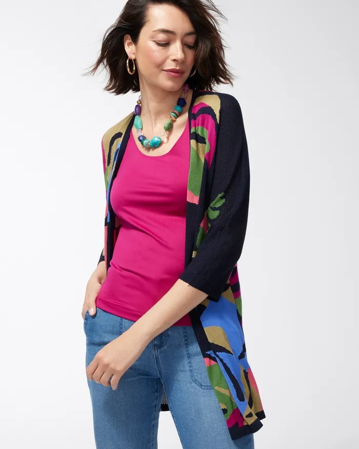 Chico039s Tropical Print Mesh Cardigan Classic Navy Women Sweaters