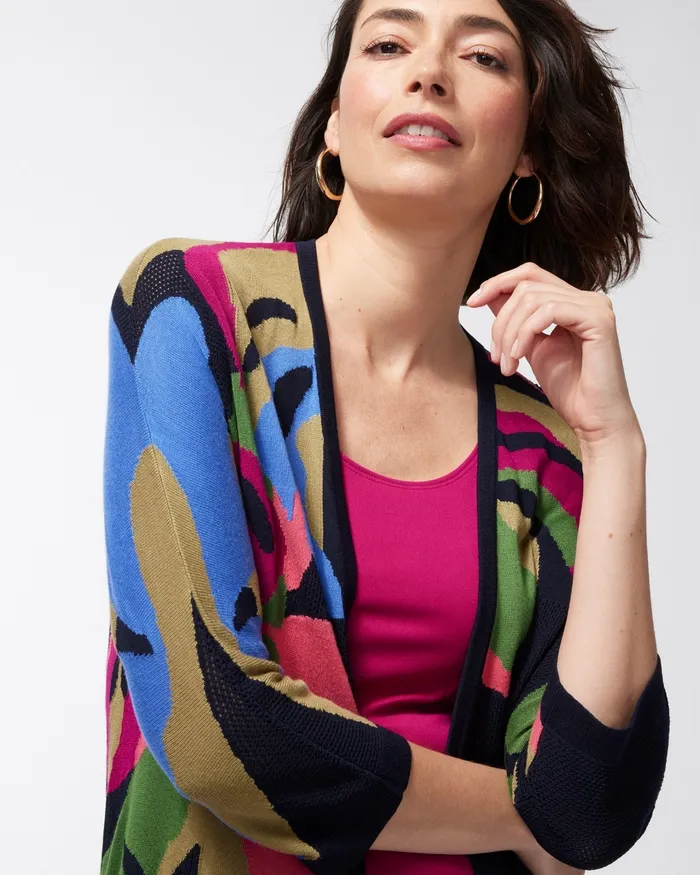 Chico039s Tropical Print Mesh Cardigan Classic Navy Women Sweaters