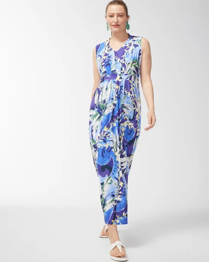 Chico039s Tropical Print Pleat Front Maxi Dress Amparo Blue Women Dresses and Skirts
