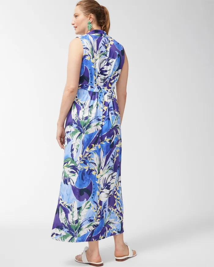 Chico039s Tropical Print Pleat Front Maxi Dress Amparo Blue Women Dresses and Skirts