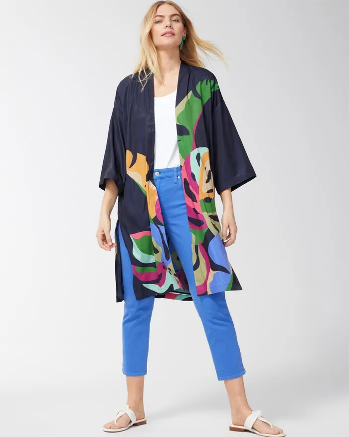 Chico039s Wild Palm Print Kimono Classic Navy Women Tops