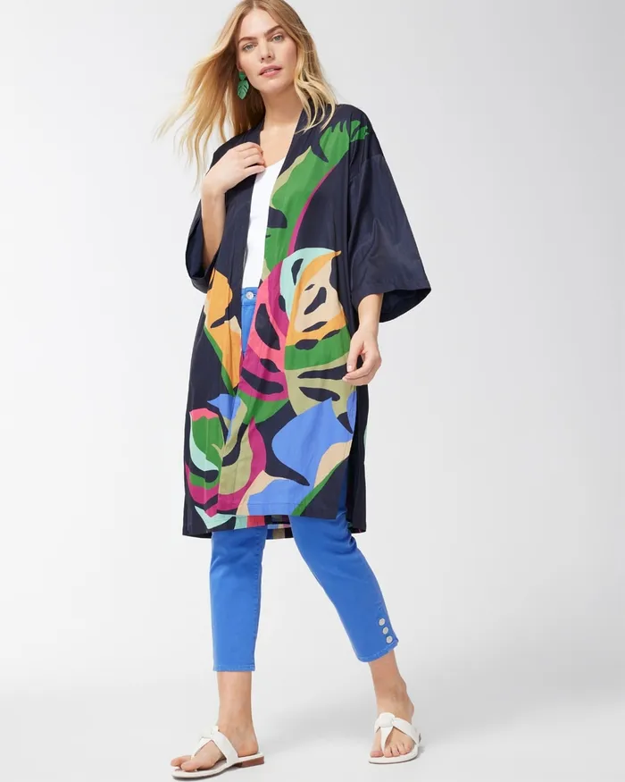 Chico039s Wild Palm Print Kimono Classic Navy Women Tops
