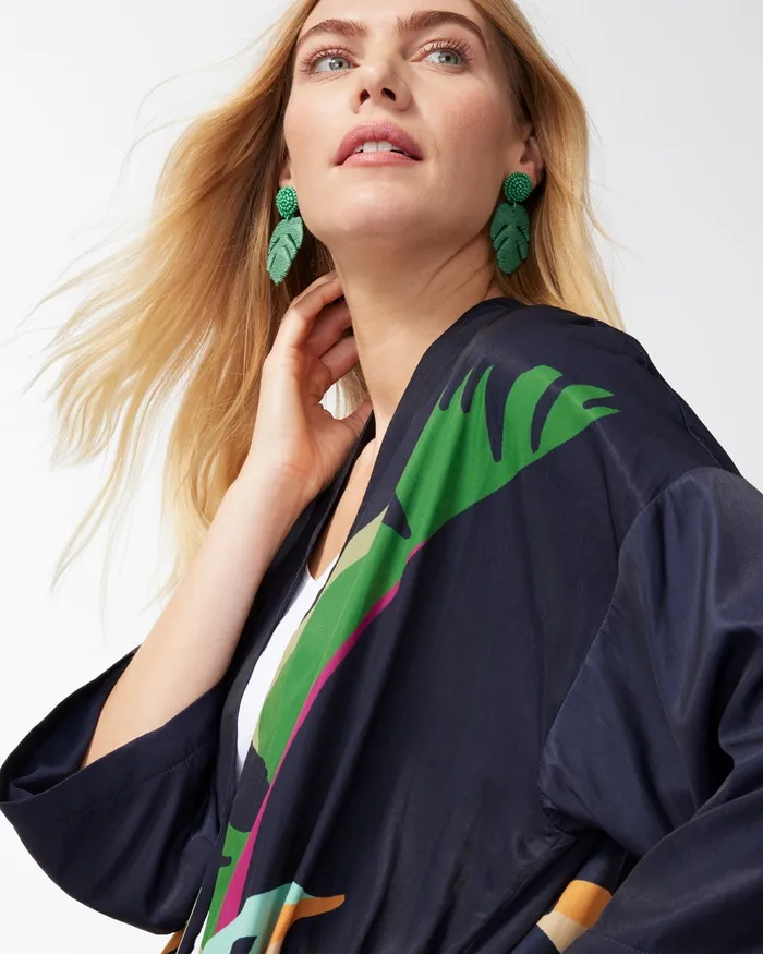Chico039s Wild Palm Print Kimono Classic Navy Women Tops