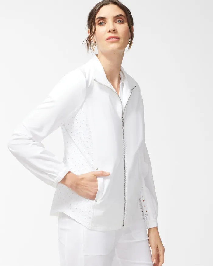 Chico039s Zenergy Neema White Eyelet Jacket Alabaster Women Jackets and Coats