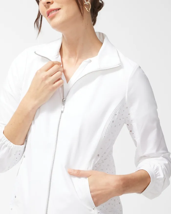 Chico039s Zenergy Neema White Eyelet Jacket Alabaster Women Jackets and Coats