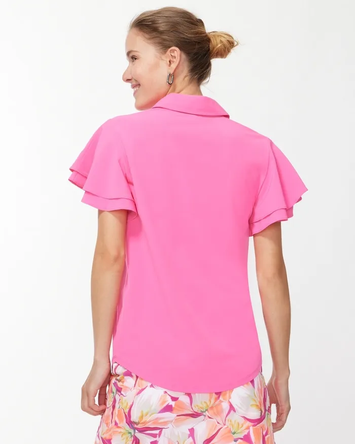 Chico039s Zenergy UPF Double Ruffle Polo Bahamian Pink Women Activewear