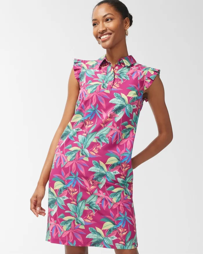 Chico039s Zenergy UPF Neema Floral Ruffle Dress Botanic Berry Women Dresses and Skirts