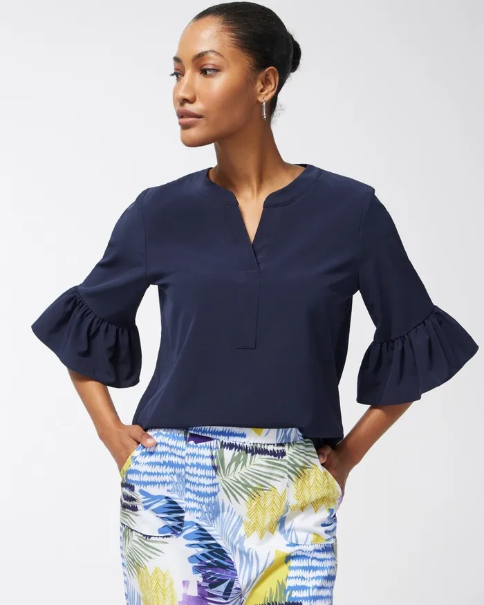 Chico039s Zenergy UPF Neema Ruffle Sleeve Top Classic Navy Women Activewear