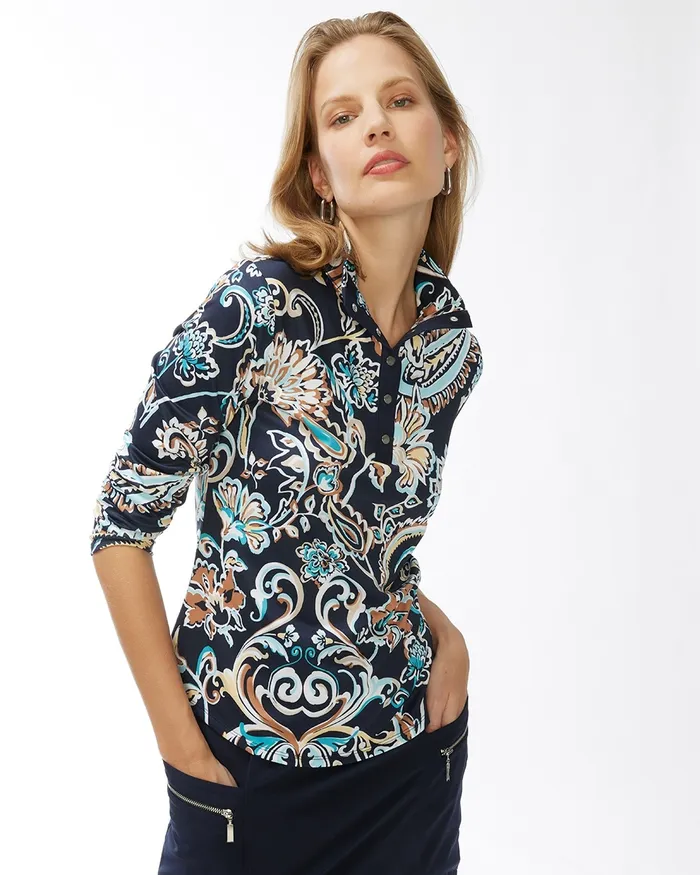 Chico039s Zenergy UPF Snaps Long Sleeve Polo Classic Navy Women Tops