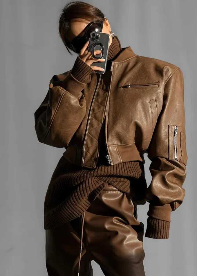 Clothing Women The Frankie Shop Gae Faux Leather Cropped Bomber 8211 Brown