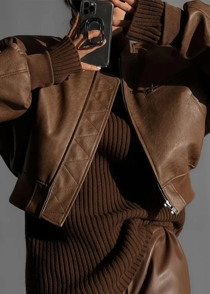 Clothing Women The Frankie Shop Gae Faux Leather Cropped Bomber 8211 Brown