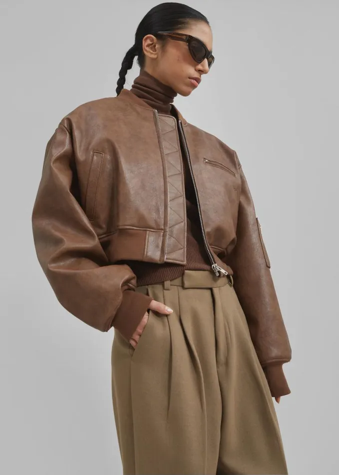 Clothing Women The Frankie Shop Gae Faux Leather Cropped Bomber 8211 Brown