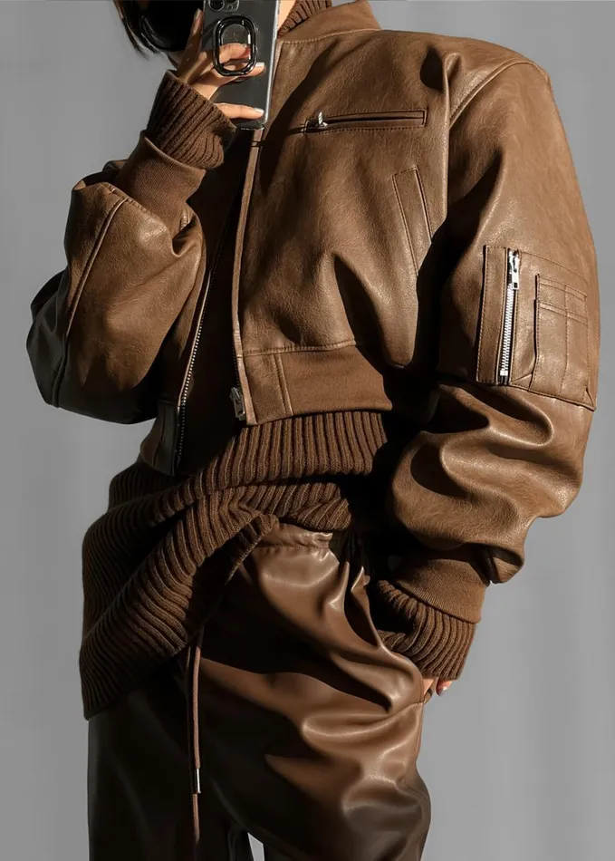 Clothing Women The Frankie Shop Gae Faux Leather Cropped Bomber 8211 Brown