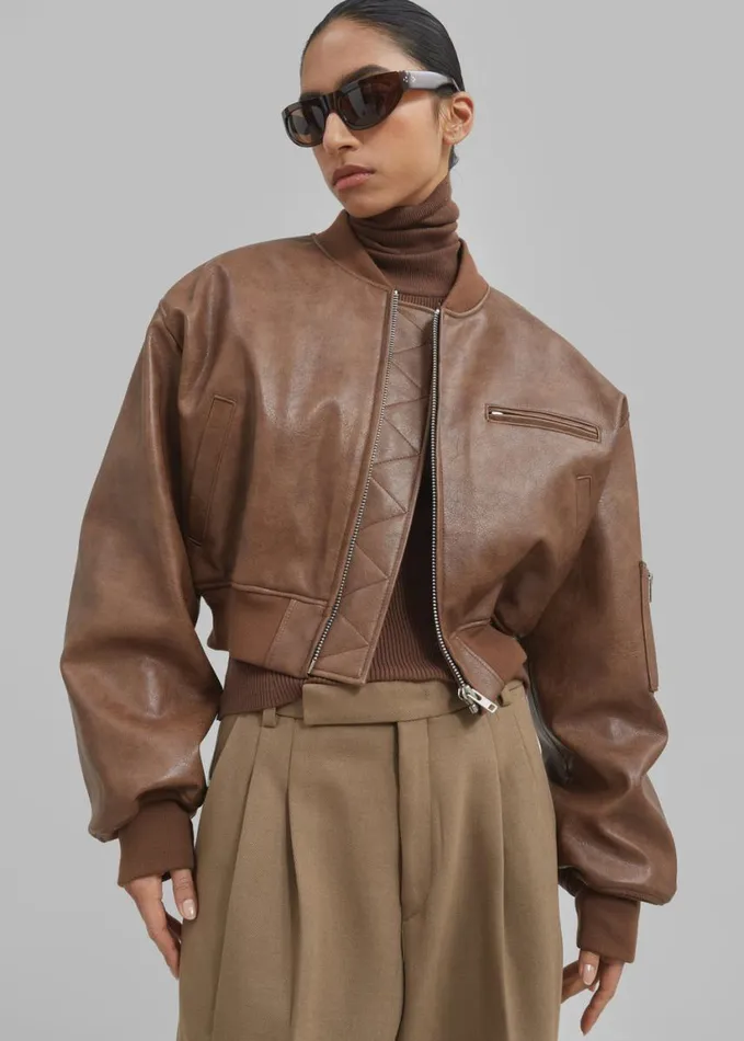 Clothing Women The Frankie Shop Gae Faux Leather Cropped Bomber 8211 Brown