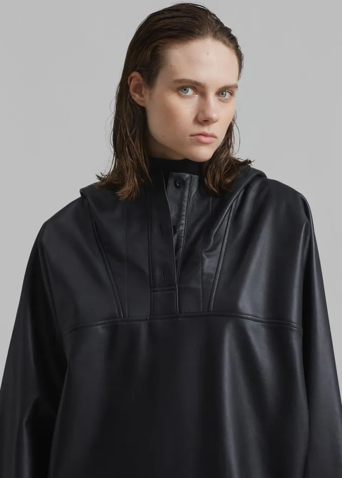 Clothing Women The Frankie Shop Kevin Leather Hooded Overshirt 8211 Black