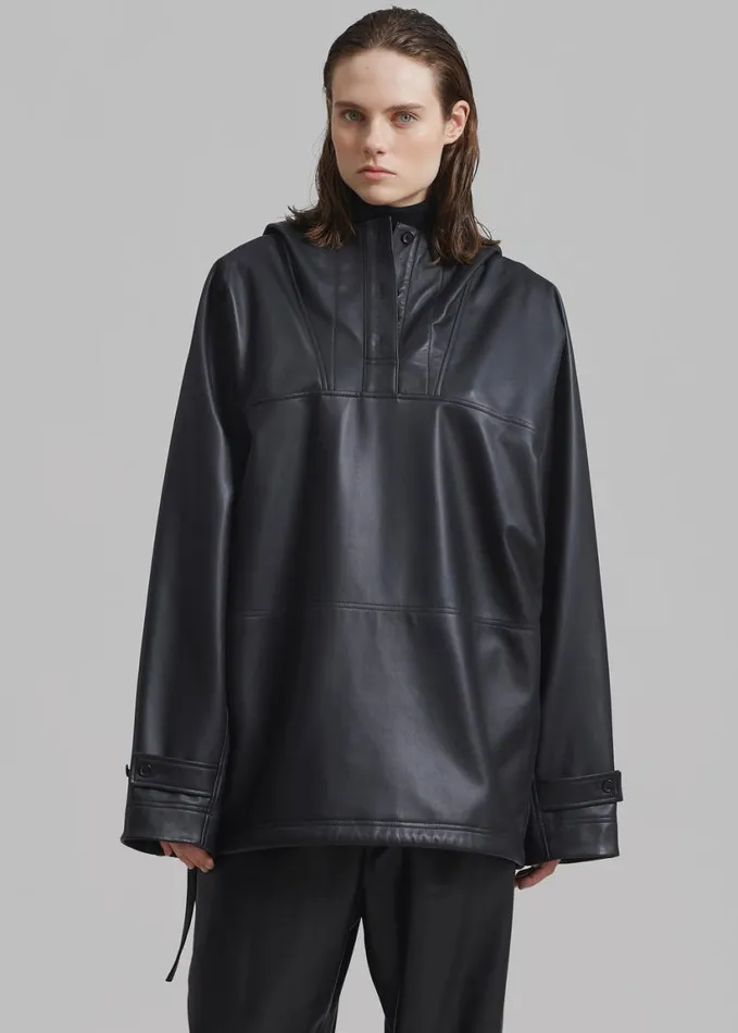 Clothing Women The Frankie Shop Kevin Leather Hooded Overshirt 8211 Black