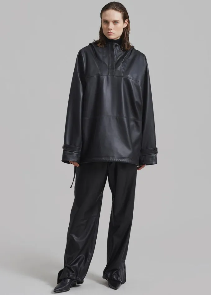 Clothing Women The Frankie Shop Kevin Leather Hooded Overshirt 8211 Black
