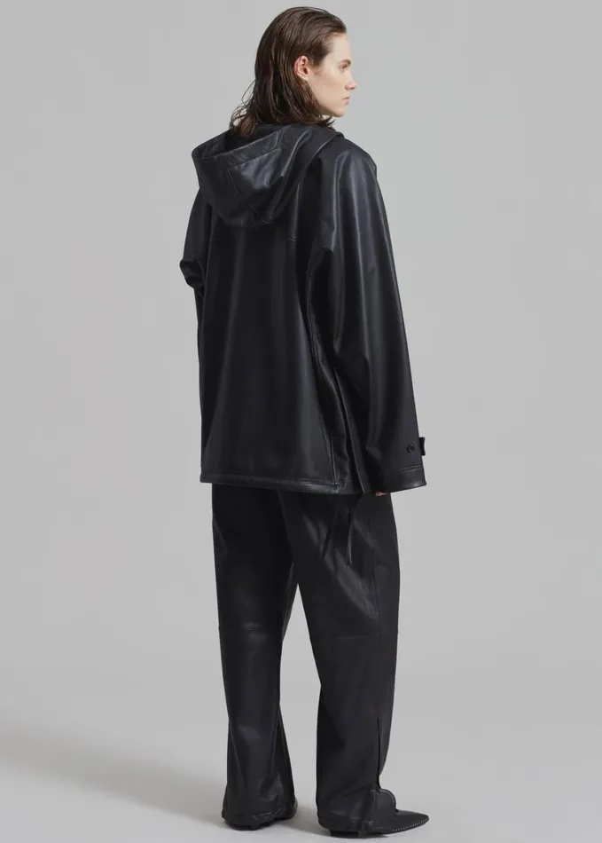 Clothing Women The Frankie Shop Kevin Leather Hooded Overshirt 8211 Black