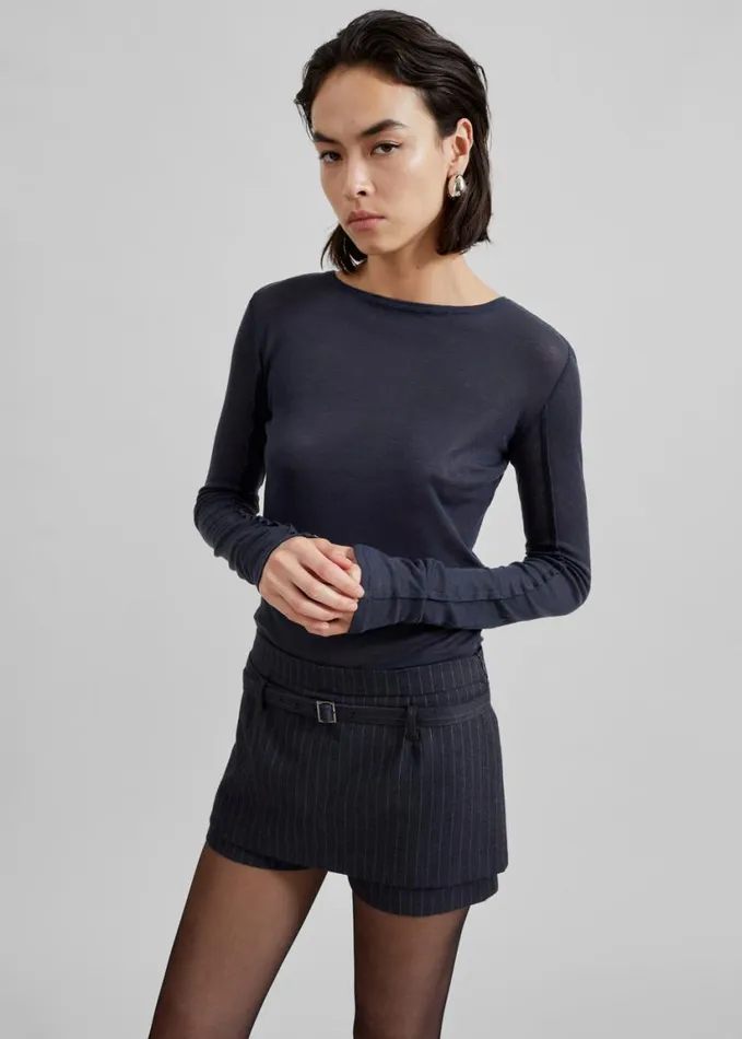 Clothing Women The Frankie Shop Micka Belted Skort 8211 CharcoalWhite Pinstripe