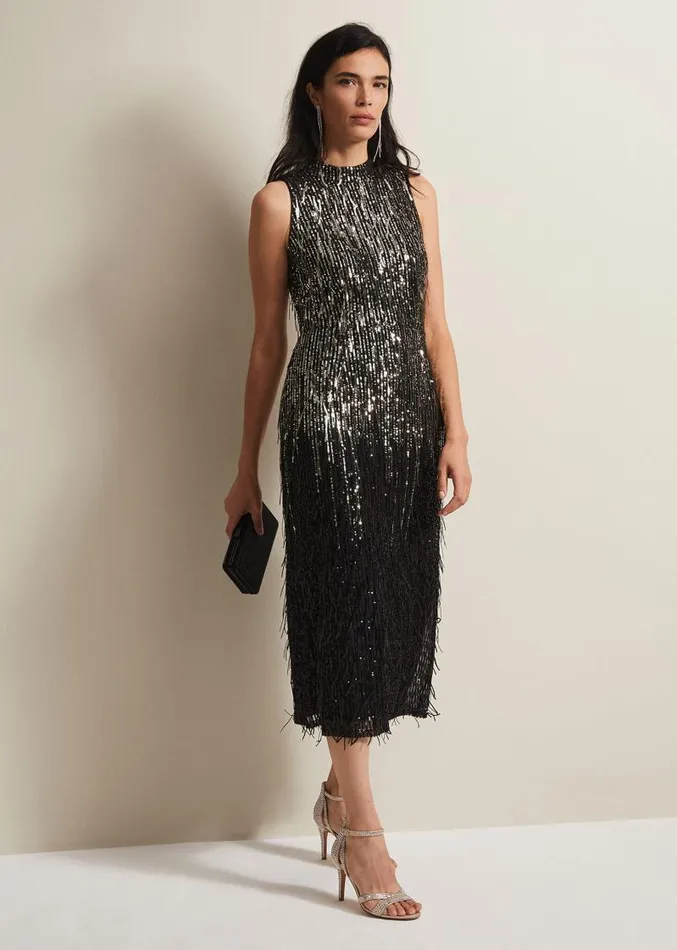 Clover Sequin Fringe Maxi Dress Black Women Phase Eight Dresses