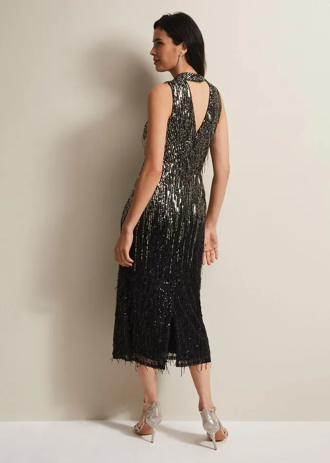 Clover Sequin Fringe Maxi Dress Black Women Phase Eight Dresses