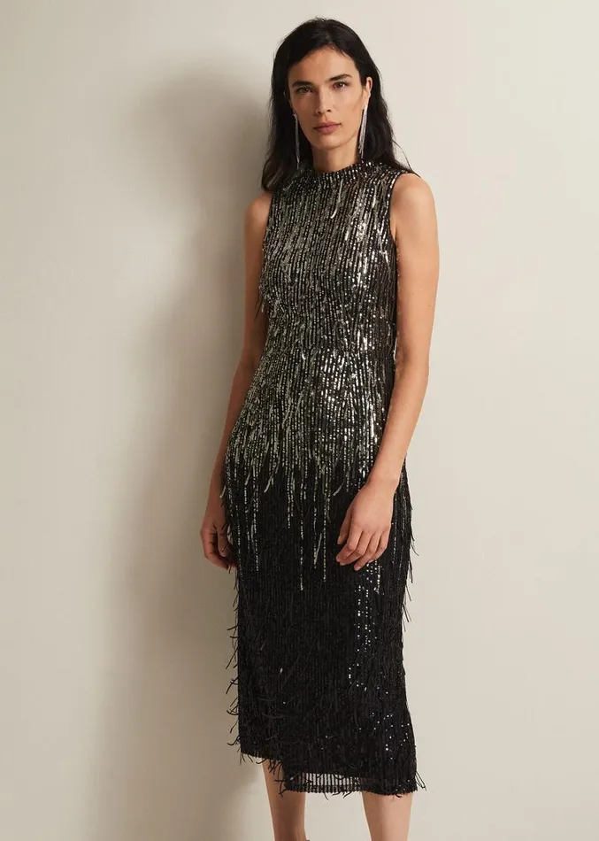 Clover Sequin Fringe Maxi Dress Black Women Phase Eight Dresses