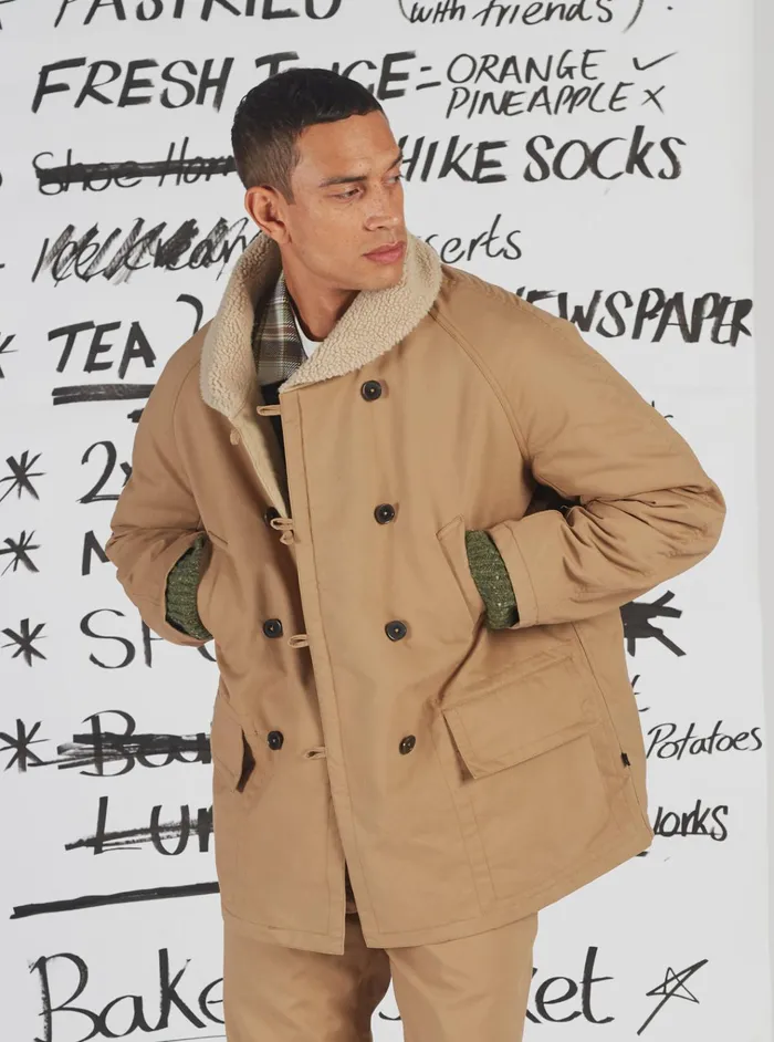 Coats and Outerwear Men Universal Works Universal Works Reversible Mackinaw Jacket In Sand Brushed PolytechSherpa