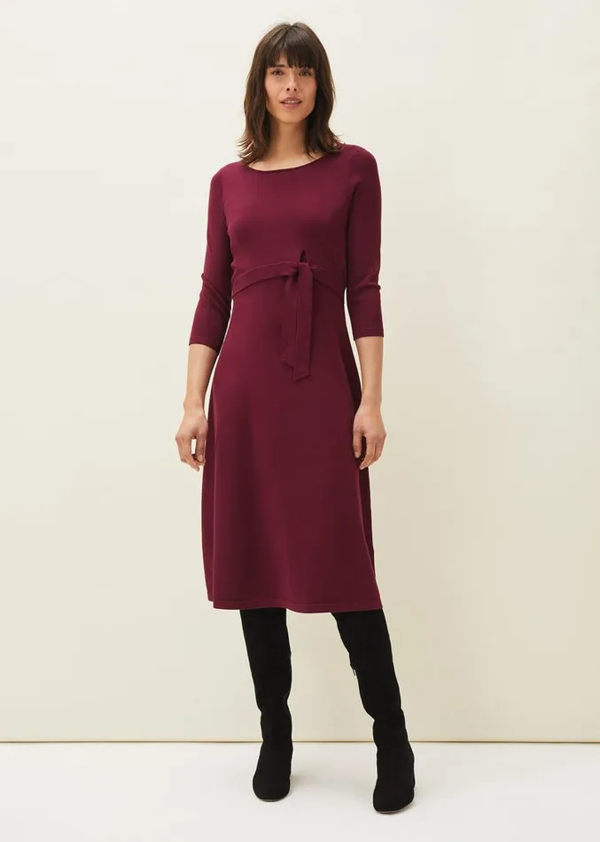 Dionne Tie Waist Dress Wine Women Phase Eight Dresses